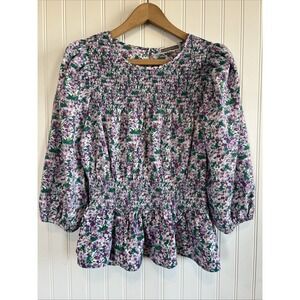 Pleione Blouse XS Peplum Puff 3/4 Sleeve Smocked Floral Purple Green